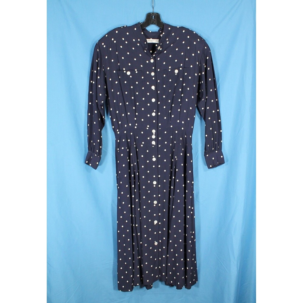 VTG LIZ CLAIBORNE PETITE Crepe NAVY/POLKA DOT Pleated BUTTON-UP SHIRT DRESS 12P